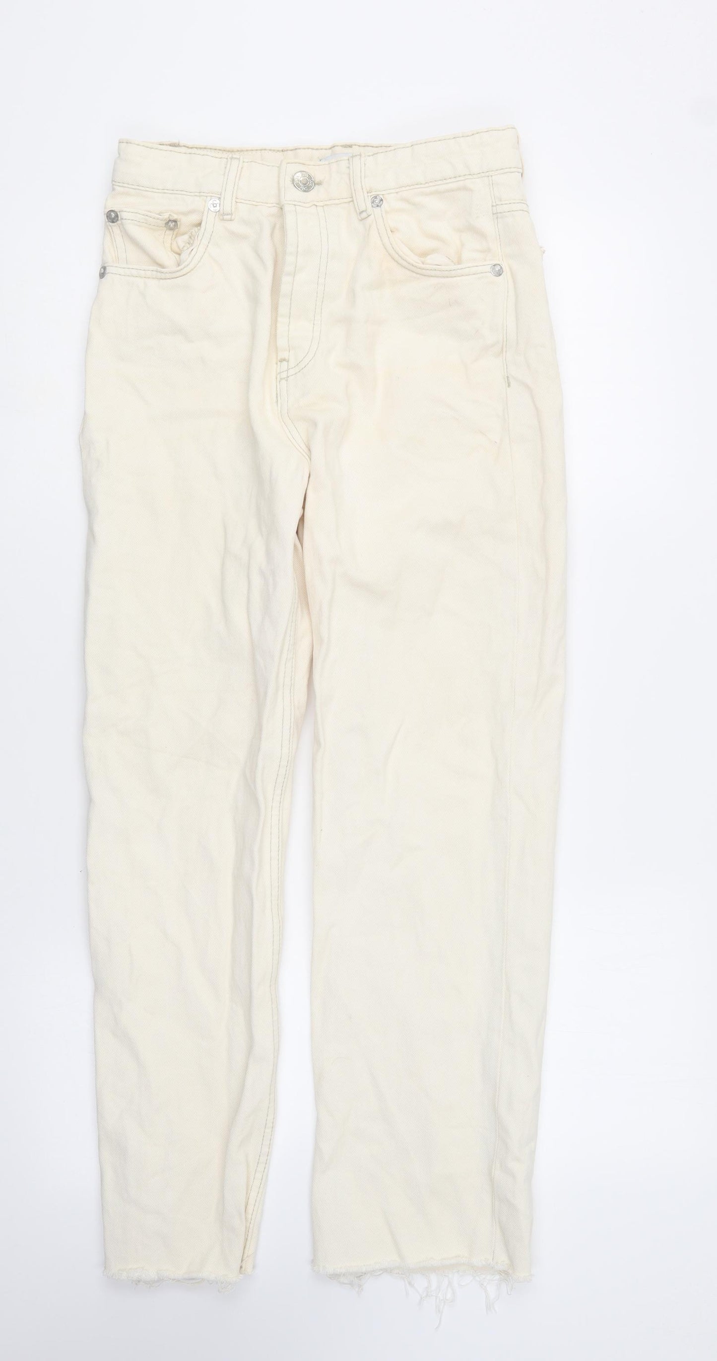 Zara Womens Ivory Cotton Straight Jeans Size 8 L26 in Regular Button