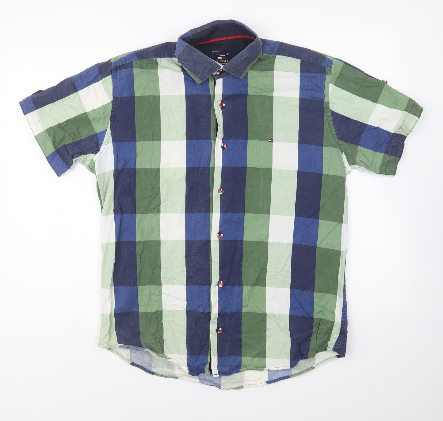 Tommy Hilfiger Mens Green Check Cotton Button-Up Size L Collared Button