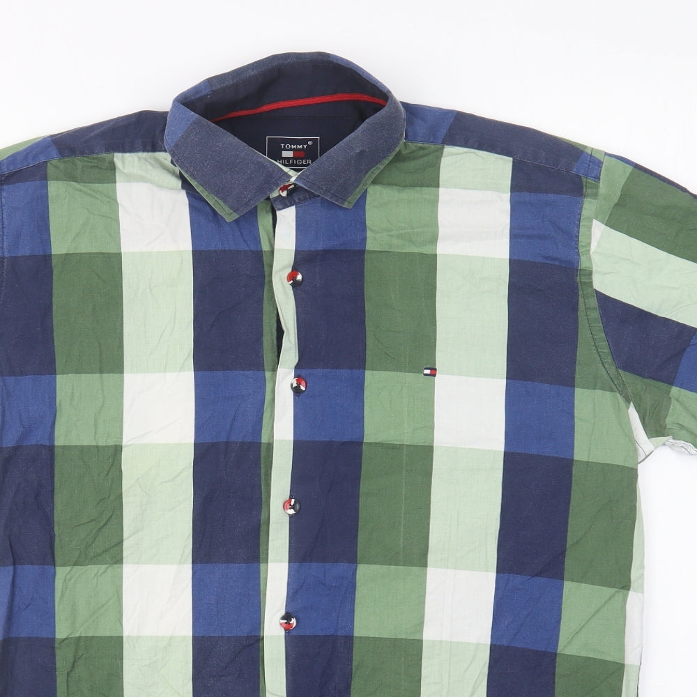 Tommy Hilfiger Mens Green Check Cotton Button-Up Size L Collared Button