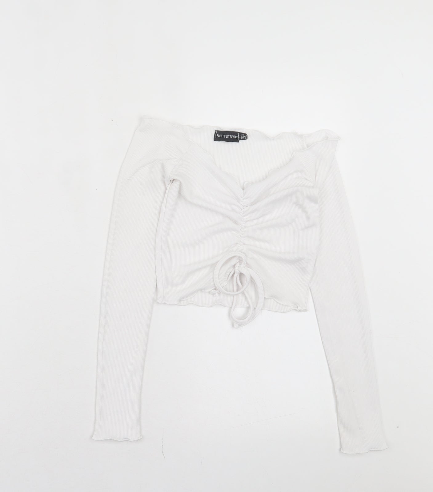 PRETTYLITTLETHING Womens White Polyester Cropped T-Shirt Size 4 V-Neck - Lettuce Edging, Ruched At Front