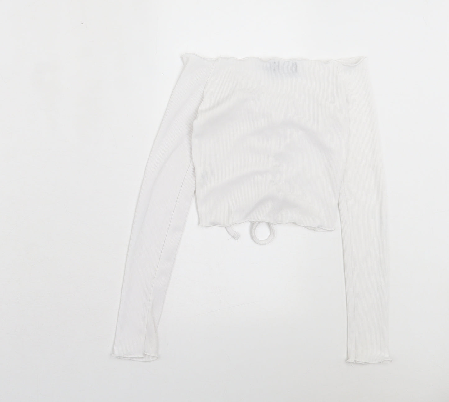 PRETTYLITTLETHING Womens White Polyester Cropped T-Shirt Size 4 V-Neck - Lettuce Edging, Ruched At Front