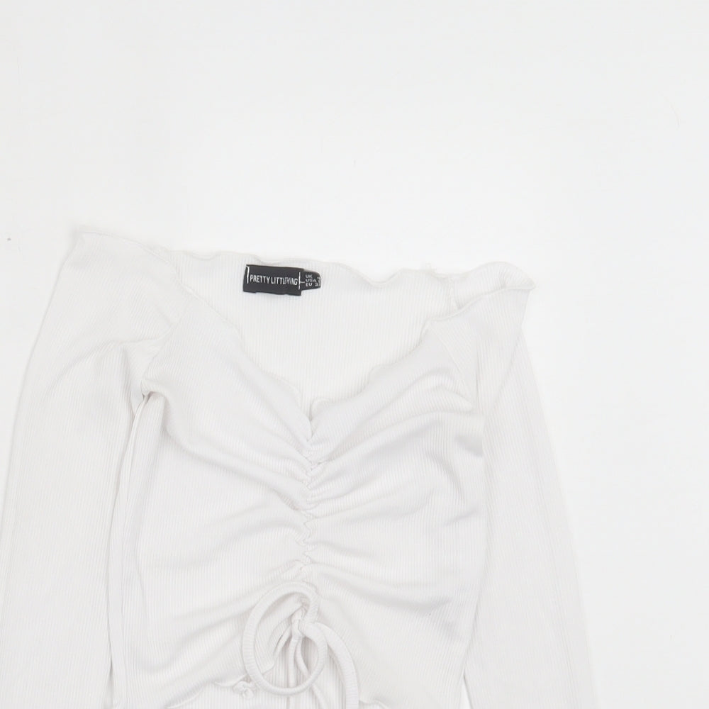 PRETTYLITTLETHING Womens White Polyester Cropped T-Shirt Size 4 V-Neck - Lettuce Edging, Ruched At Front