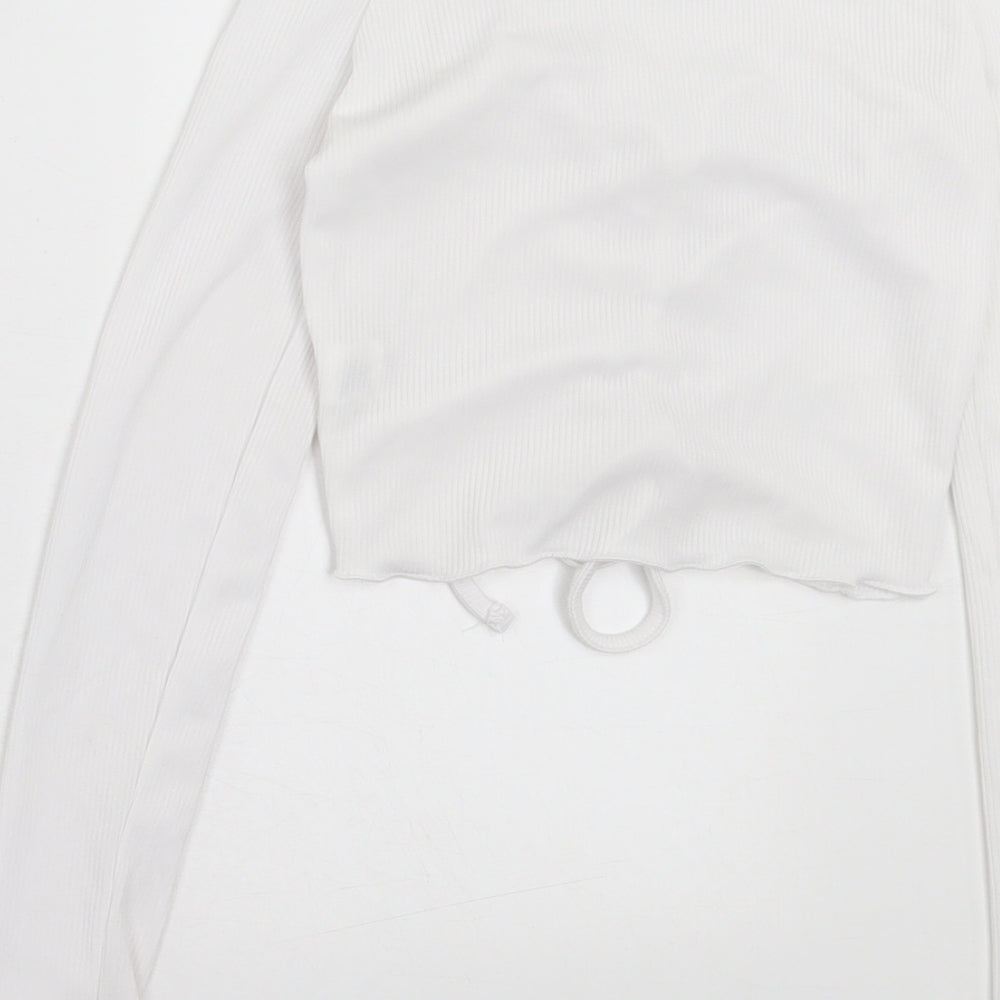 PRETTYLITTLETHING Womens White Polyester Cropped T-Shirt Size 4 V-Neck - Lettuce Edging, Ruched At Front