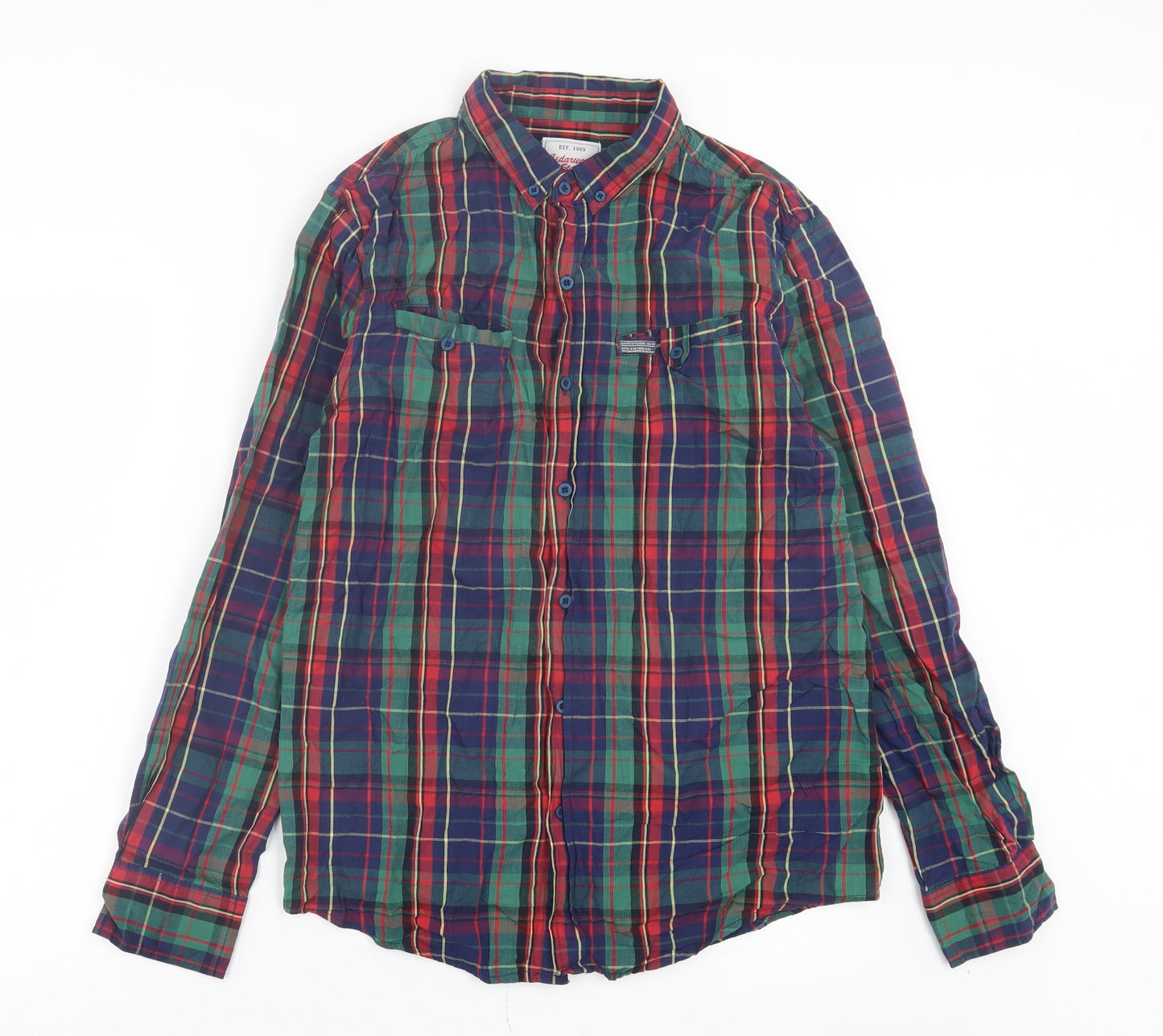 Cedar Wood State Mens Multicoloured Plaid Cotton Button-Up Size M Collared Button