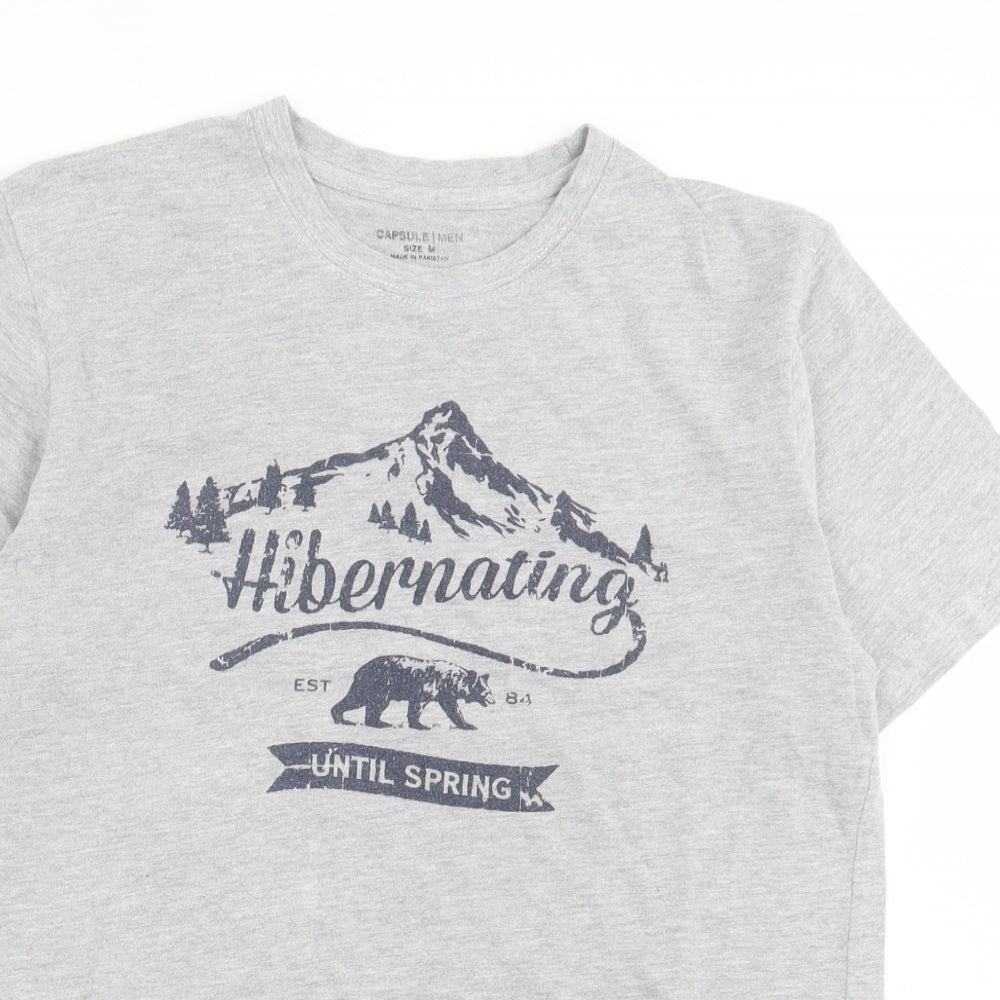 CAPSULE Mens Grey Cotton T-Shirt Size M Crew Neck - Hibernating Until Spring