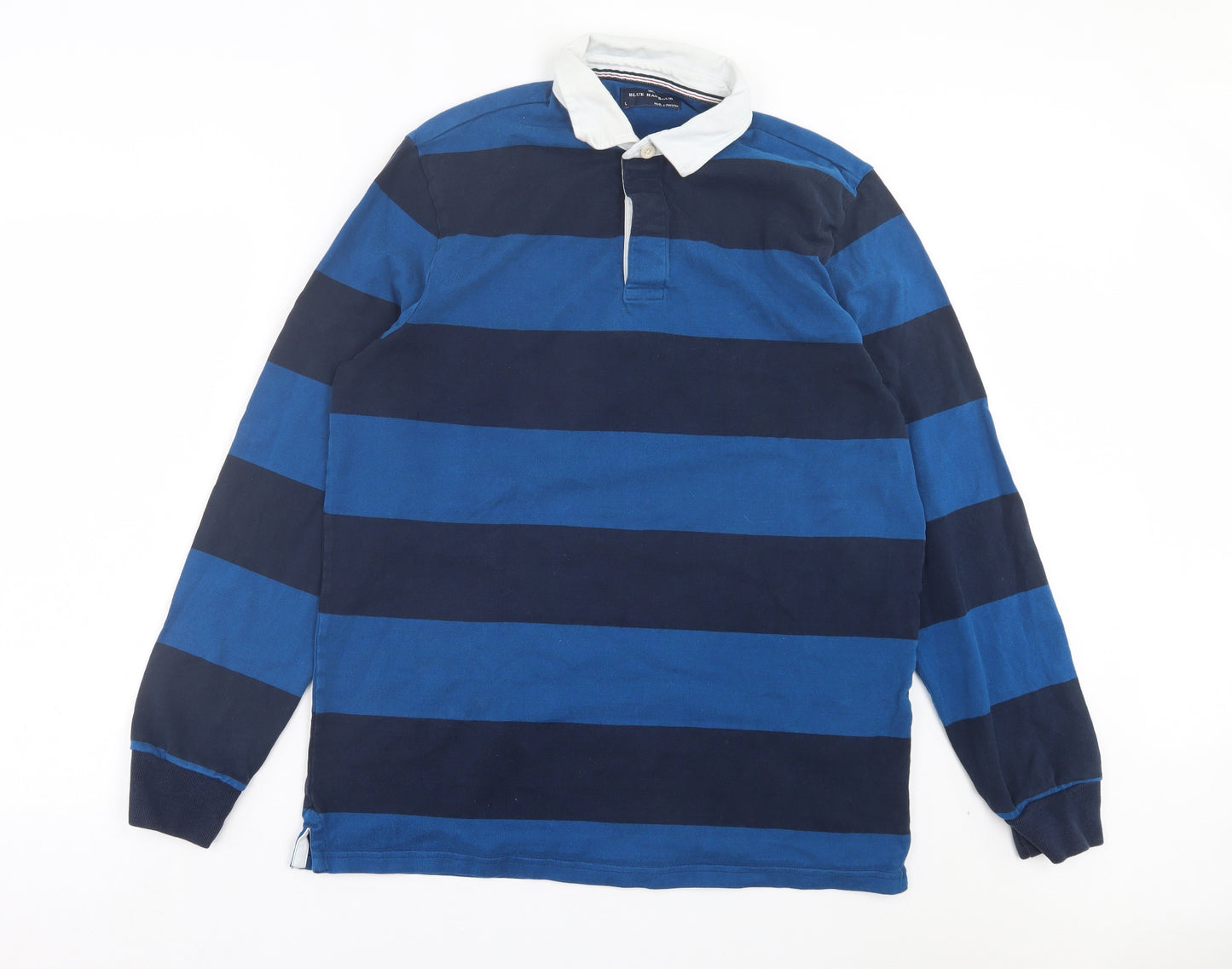 Blue Harbour Mens Blue Striped Cotton Polo Size L Collared Button - Long Length