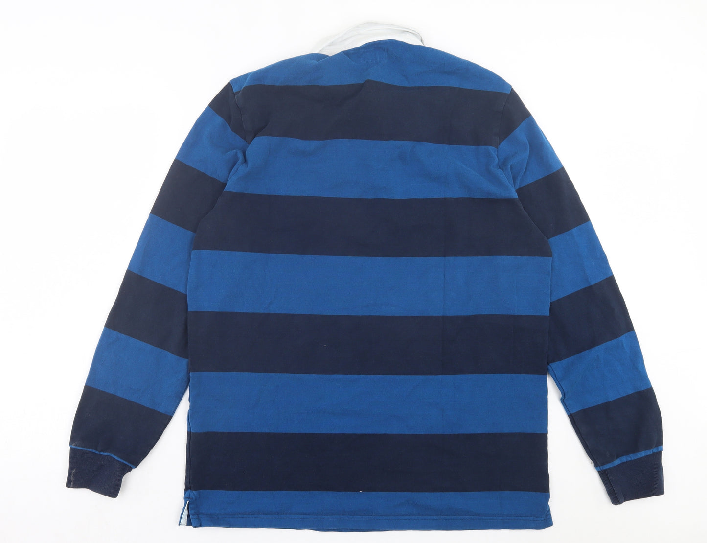 Blue Harbour Mens Blue Striped Cotton Polo Size L Collared Button - Long Length