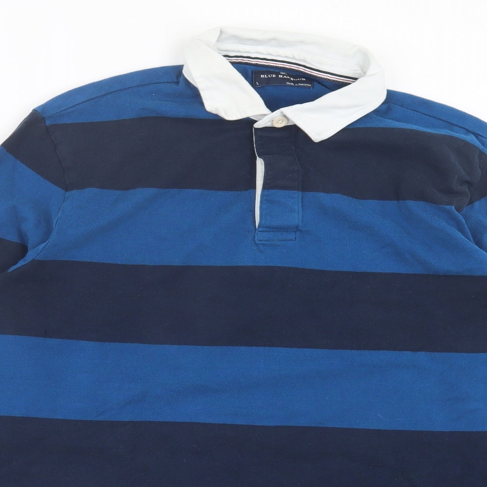Blue Harbour Mens Blue Striped Cotton Polo Size L Collared Button - Long Length