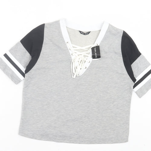 Select Womens Grey Cotton Cropped T-Shirt Size 8 V-Neck