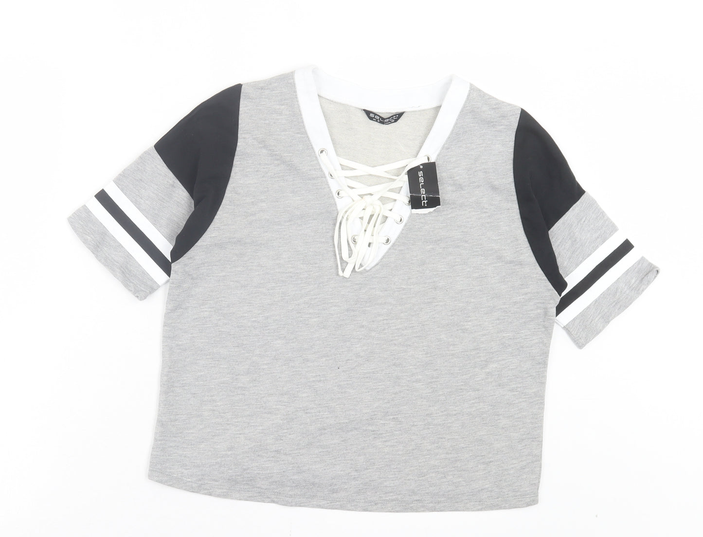 Select Womens Grey Cotton Cropped T-Shirt Size 8 V-Neck