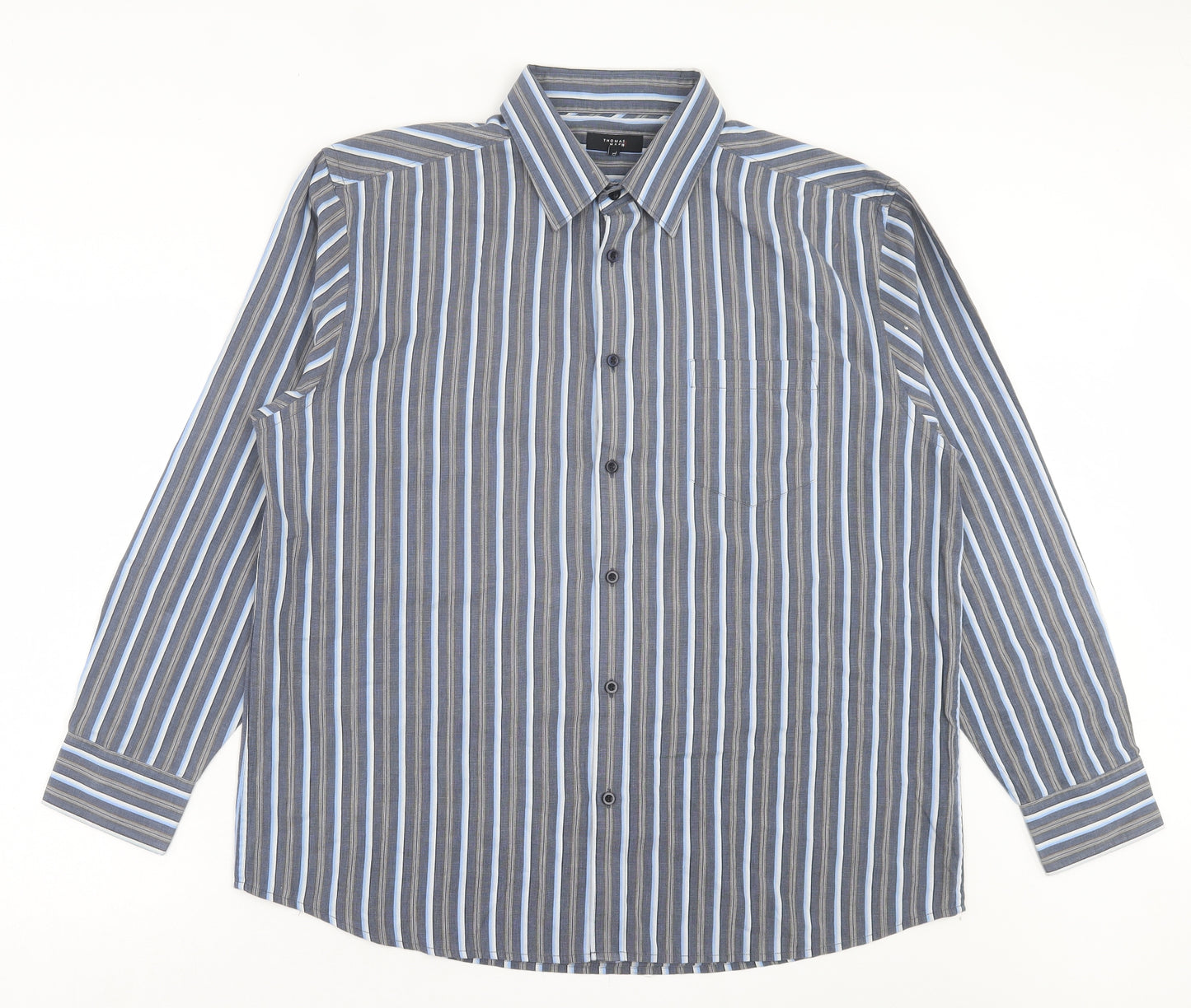Thomas Nash Mens Blue Striped Cotton Button-Up Size XL Collared Button