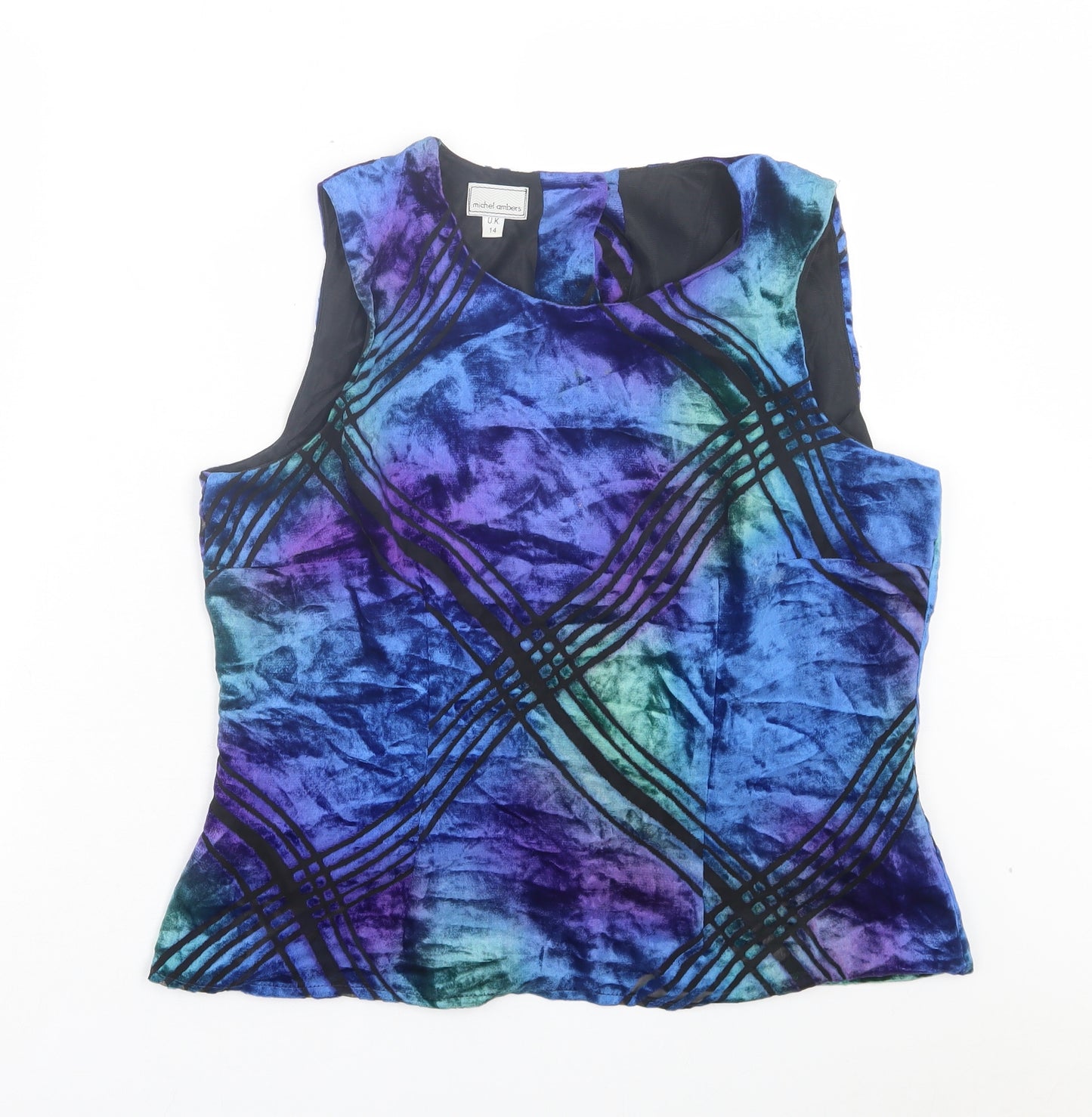 MICHELE Womens Blue Geometric Polyester Basic Tank Size 14 Crew Neck