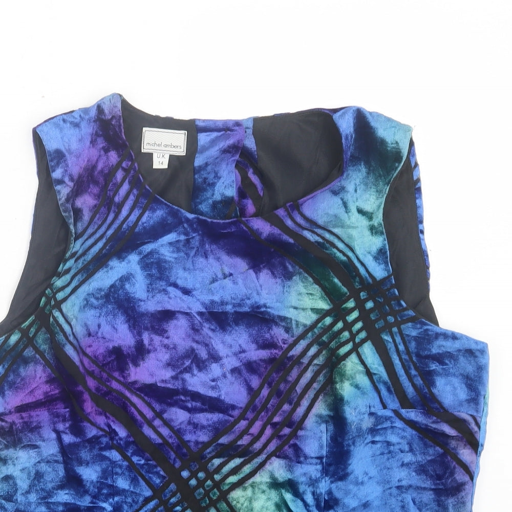 MICHELE Womens Blue Geometric Polyester Basic Tank Size 14 Crew Neck