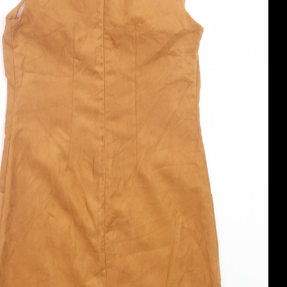 Dorothy Perkins Womens Brown Polyester Pinafore/Dungaree Dress Size 8 Crew Neck Zip