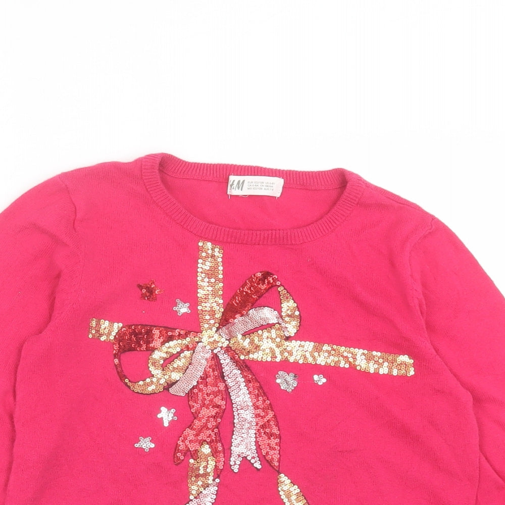 H&M Girls Pink Crew Neck Cotton Pullover Jumper Size 6-7 Years Pullover