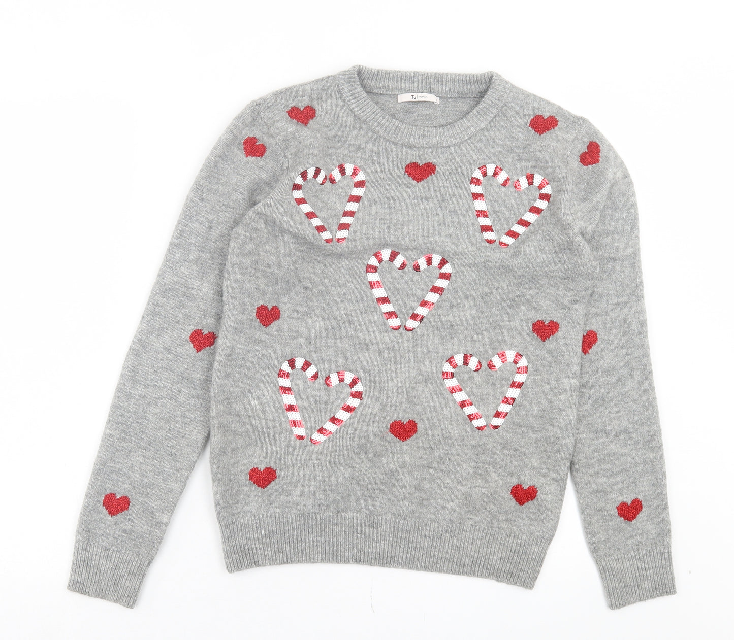 TU Womens Grey Crew Neck Geometric Acrylic Pullover Jumper Size 8 - Christmas
