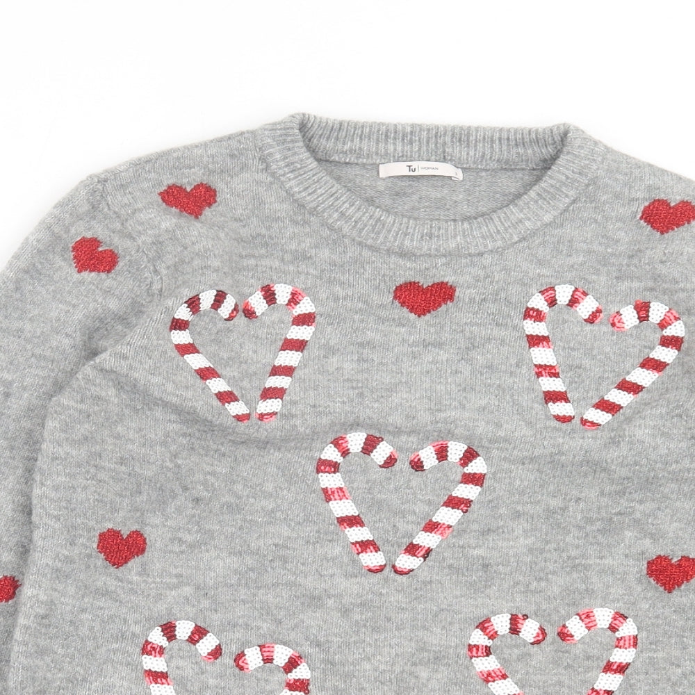 TU Womens Grey Crew Neck Geometric Acrylic Pullover Jumper Size 8 - Christmas