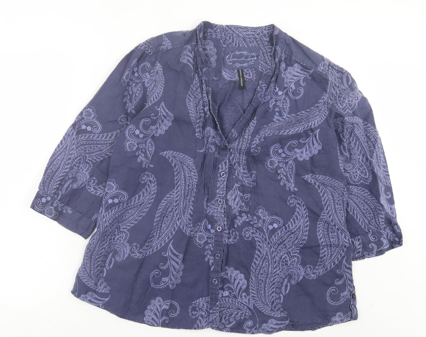 Marks and Spencer Womens Blue Paisley Linen Basic Button-Up Size 20 V-Neck