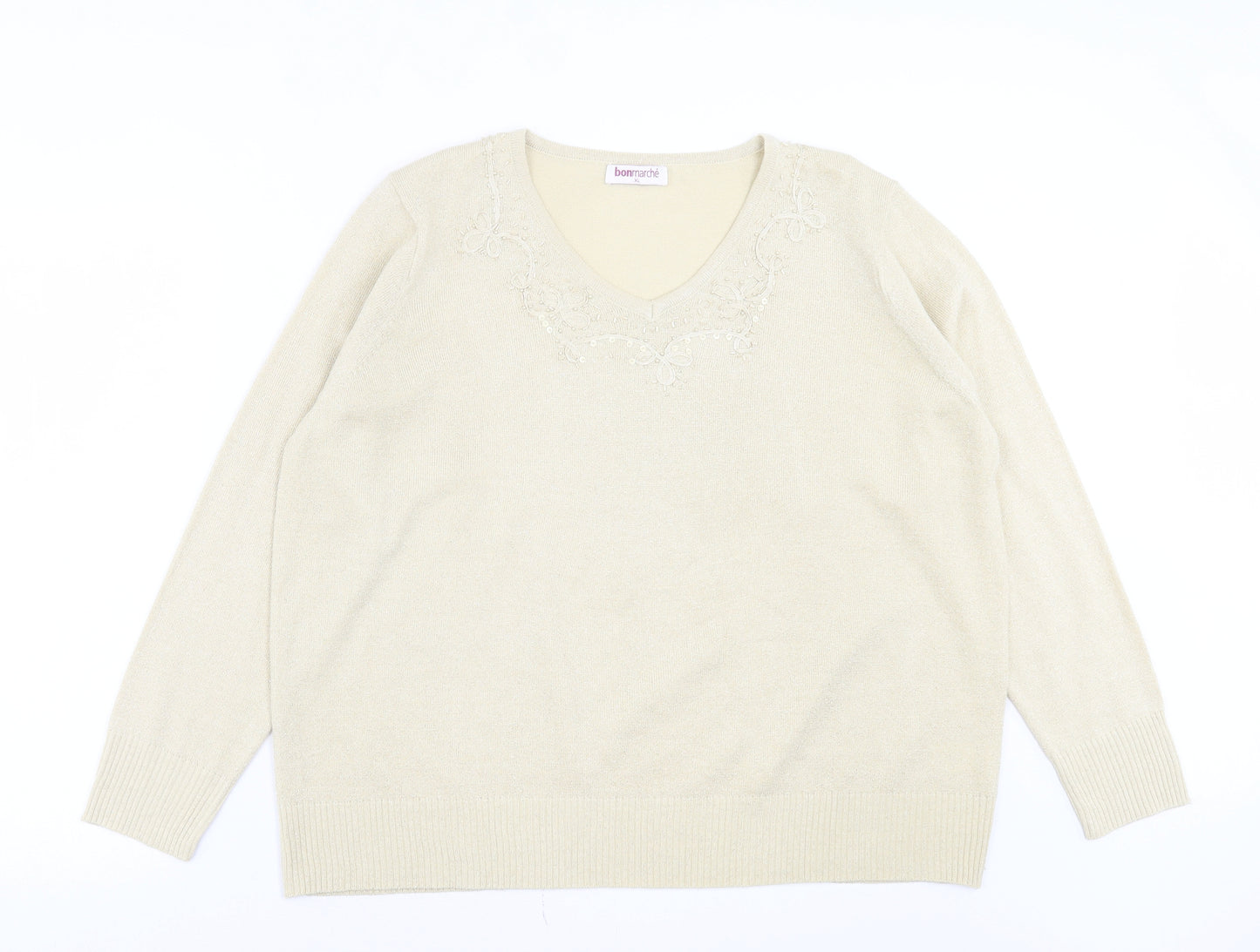 Bonmarché Womens Gold V-Neck Acrylic Pullover Jumper Size XL