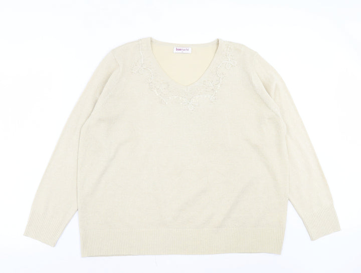 Bonmarché Womens Gold V-Neck Acrylic Pullover Jumper Size XL