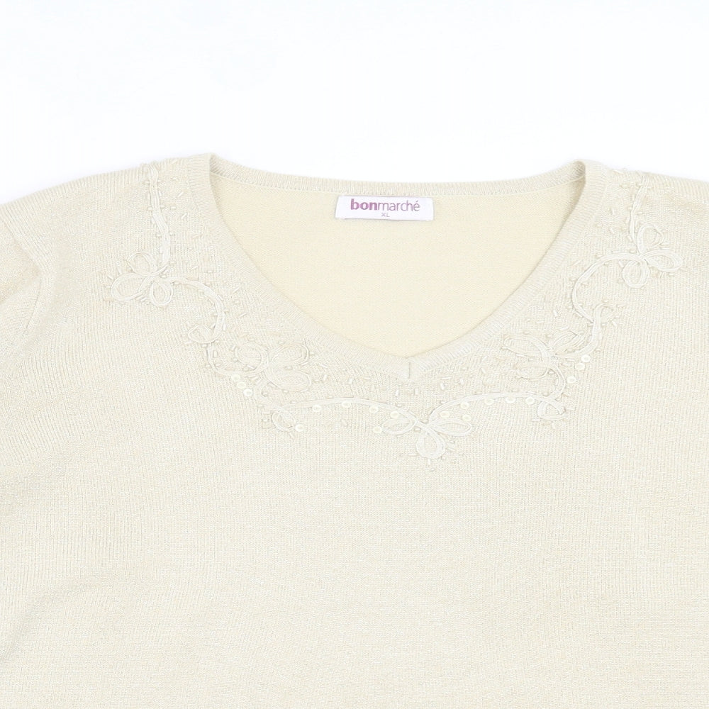 Bonmarché Womens Gold V-Neck Acrylic Pullover Jumper Size XL
