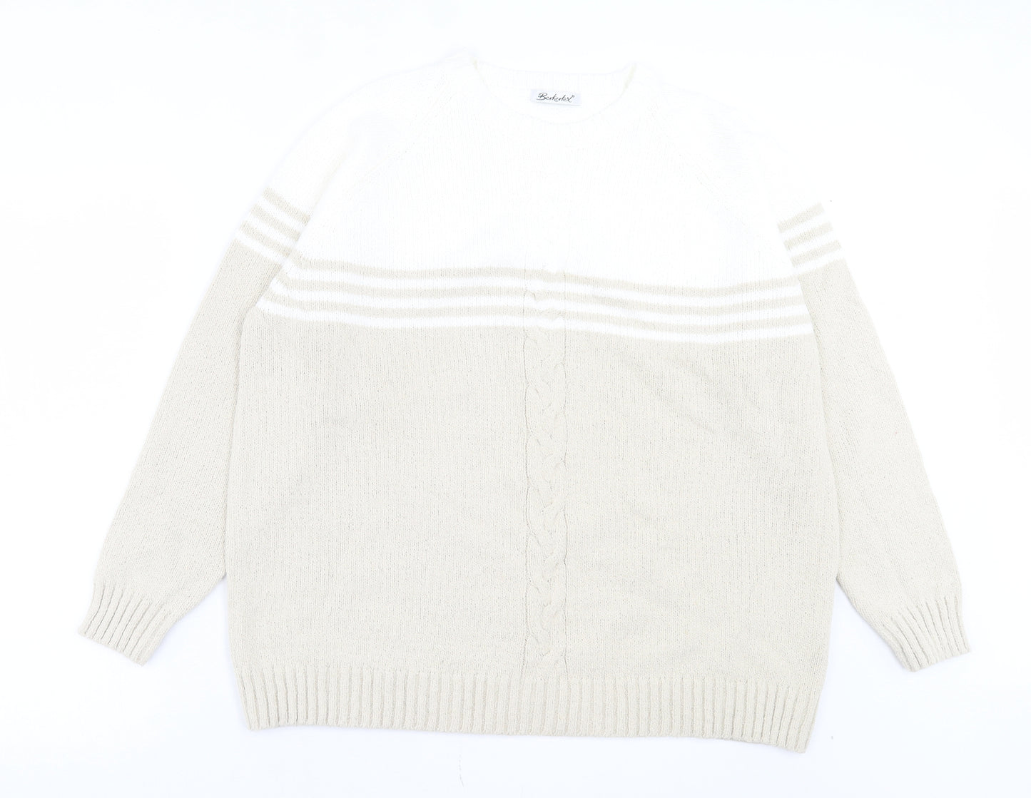 Berkertex Womens Beige Crew Neck Striped Acrylic Pullover Jumper Size 18