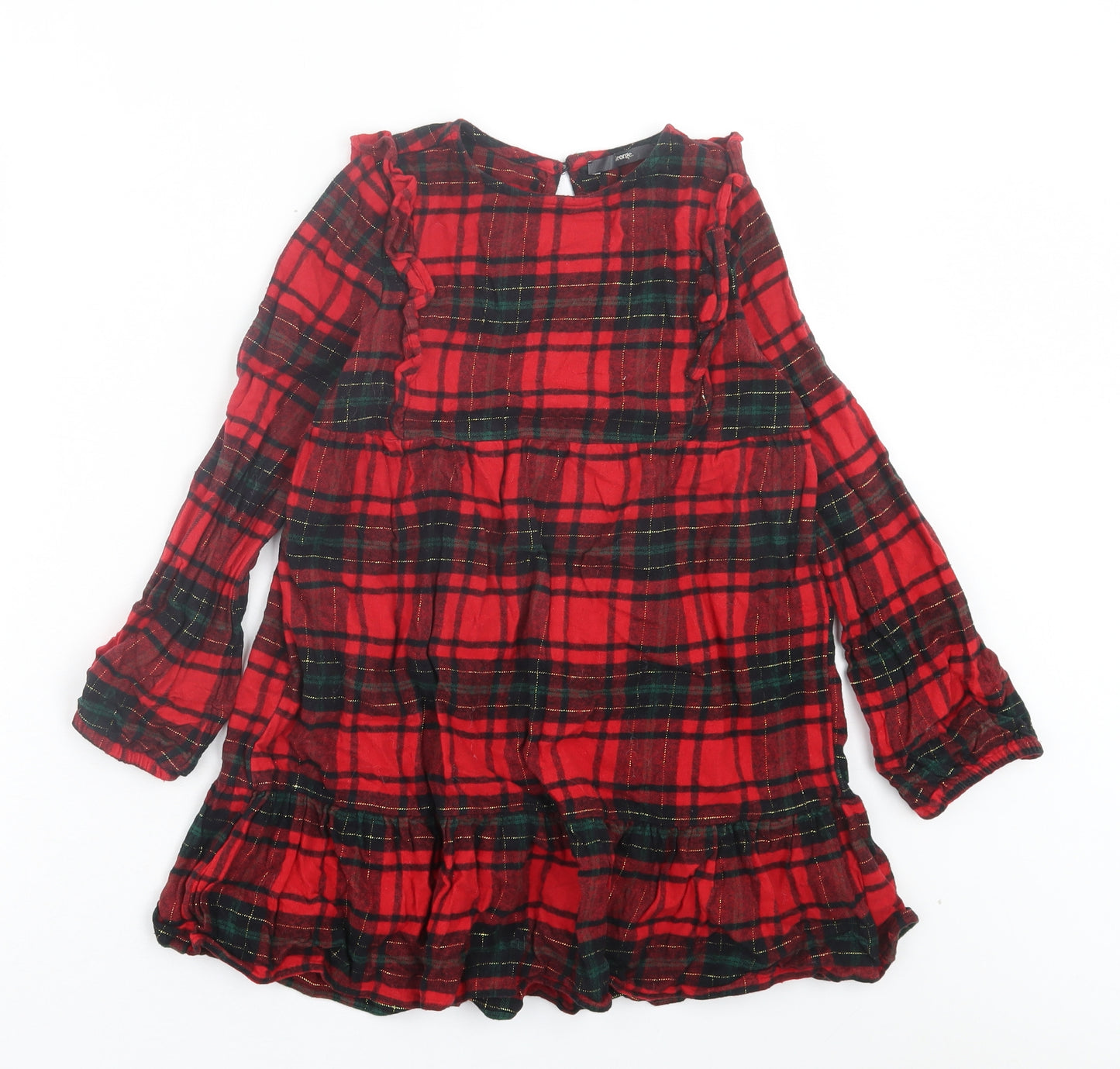 George Girls Red Plaid Polyester A-Line Size 8-9 Years Crew Neck Button