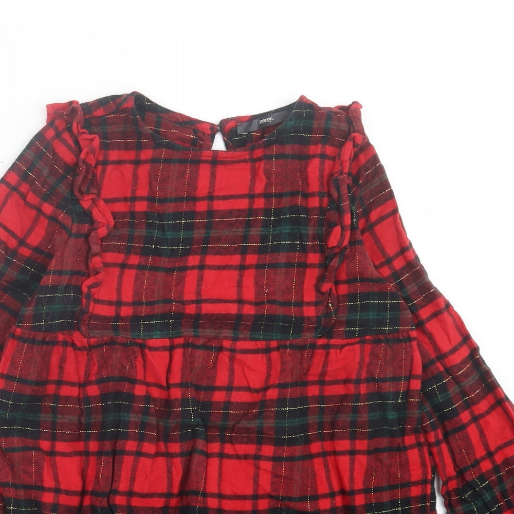 George Girls Red Plaid Polyester A-Line Size 8-9 Years Crew Neck Button