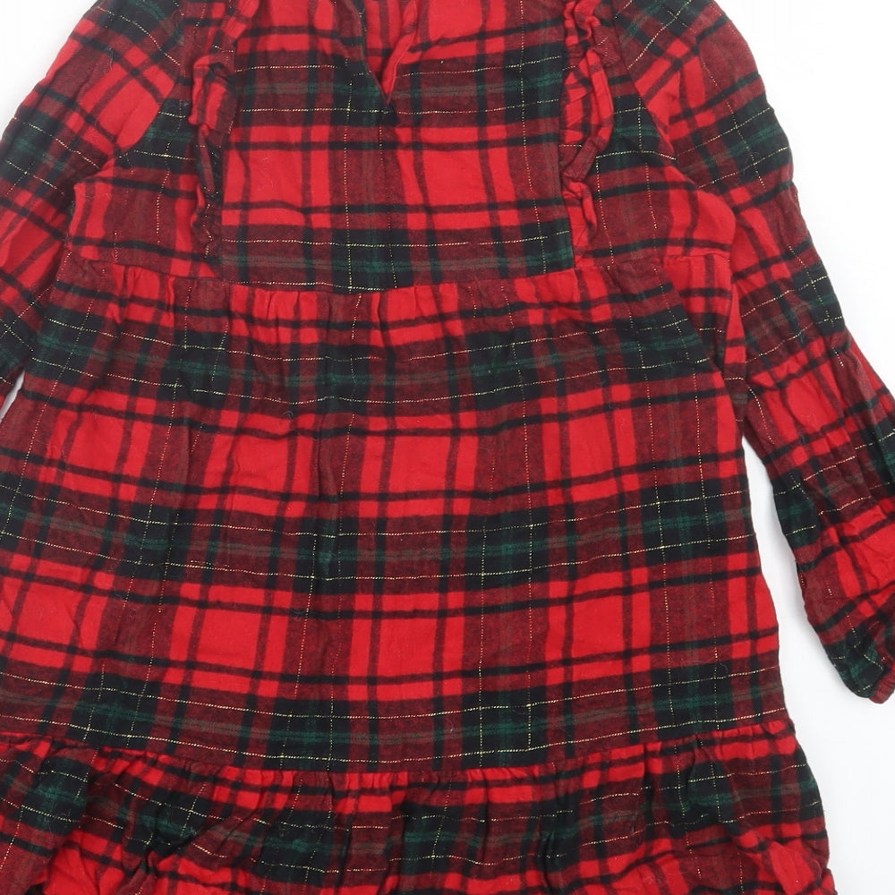 George Girls Red Plaid Polyester A-Line Size 8-9 Years Crew Neck Button