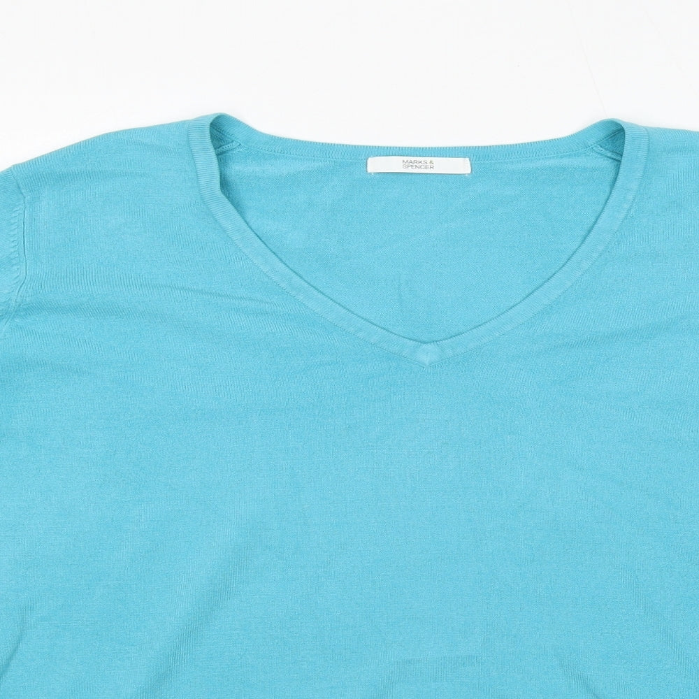 Marks and Spencer Mens Blue V-Neck Polyester Pullover Jumper Size L