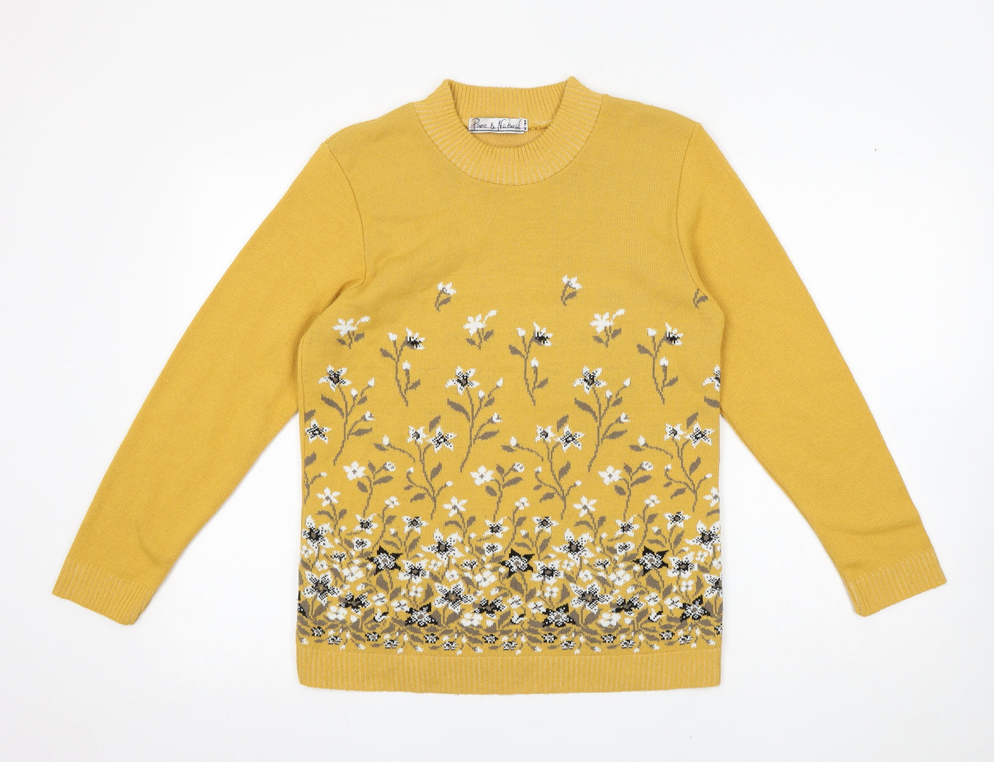 Pure & Natural Womens Yellow Round Neck Floral Acrylic Pullover Jumper Size S - Flowers