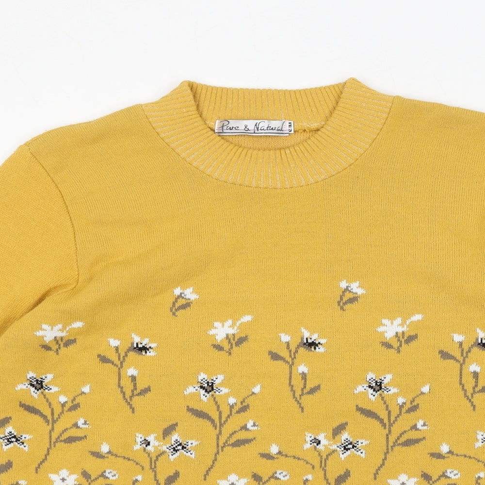 Pure & Natural Womens Yellow Round Neck Floral Acrylic Pullover Jumper Size S - Flowers