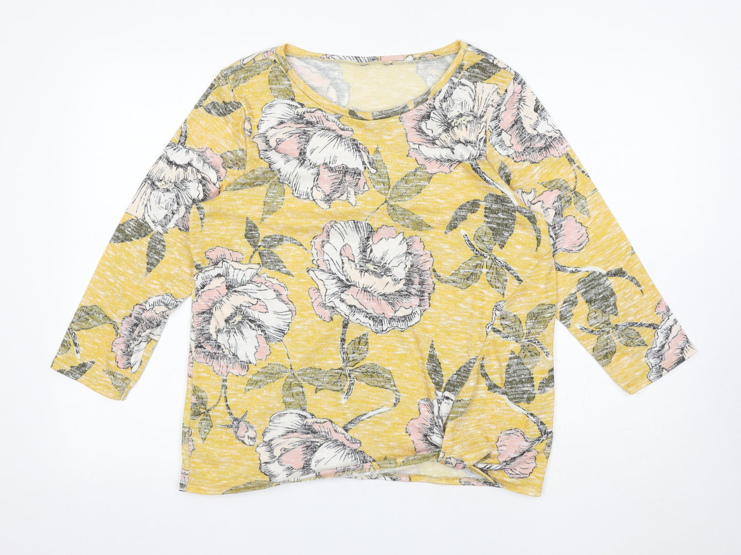 M&Co Womens Yellow Floral Polyester Basic T-Shirt Size 12 Round Neck - Flowers