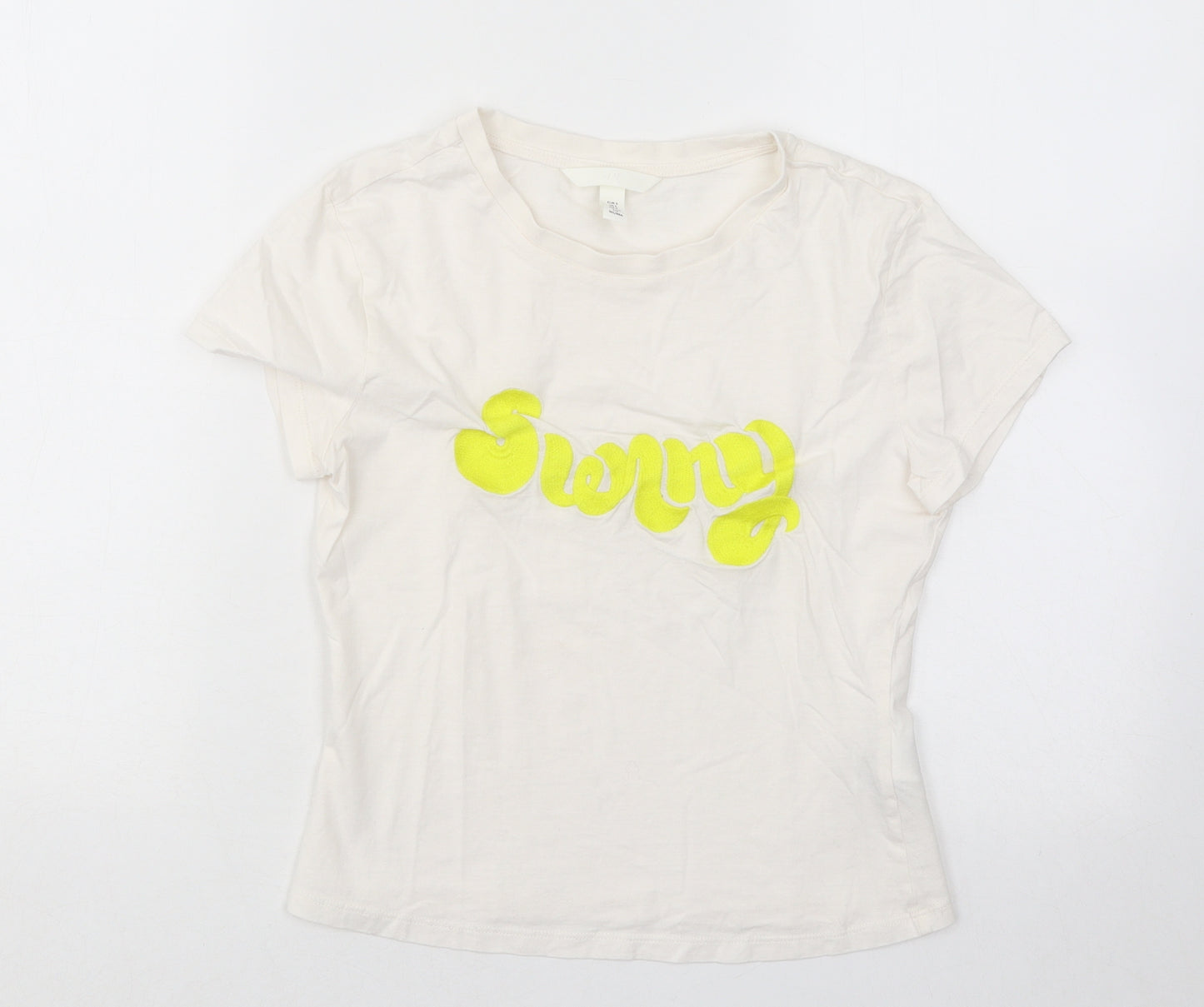 H&M Womens White Cotton Basic T-Shirt Size S Round Neck - Sunny