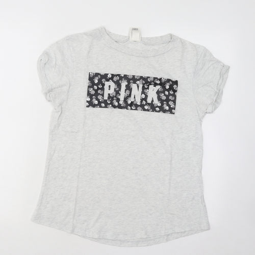 PINK Womens Grey Floral Cotton Basic T-Shirt Size S Round Neck