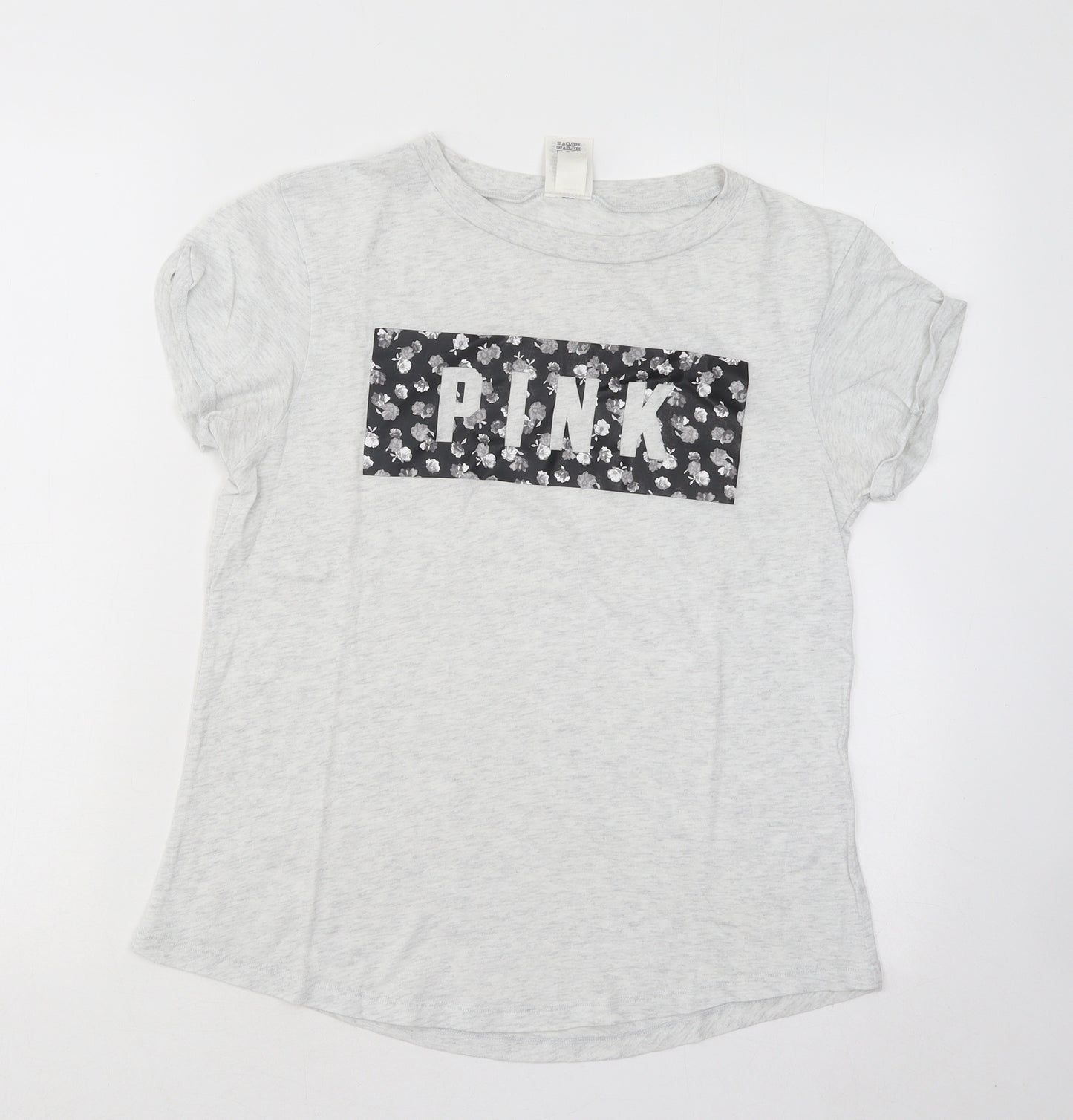 PINK Womens Grey Floral Cotton Basic T-Shirt Size S Round Neck