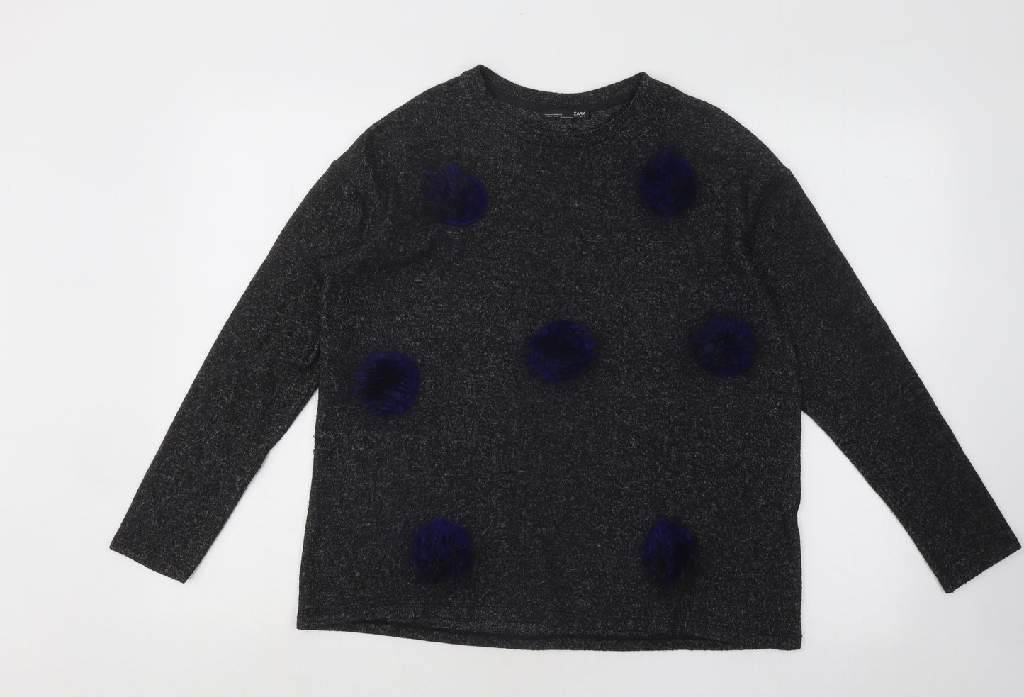Zara Womens Grey Round Neck Acrylic Pullover Jumper Size M - Pom Pom