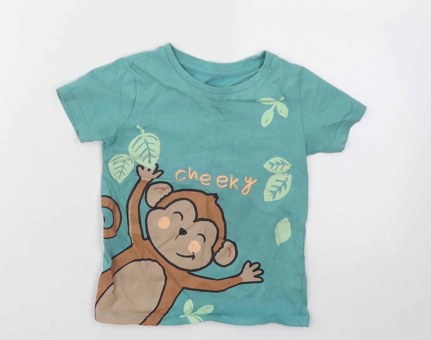 Dunnes Stores Boys Green Cotton Basic T-Shirt Size 18-24 Months Round Neck Pullover - Cheeky Monkey