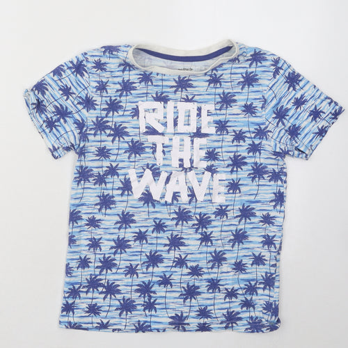 Peacocks Boys Blue Geometric Cotton Basic T-Shirt Size 10-11 Years Round Neck Pullover - Ride The Wave Palm Trees