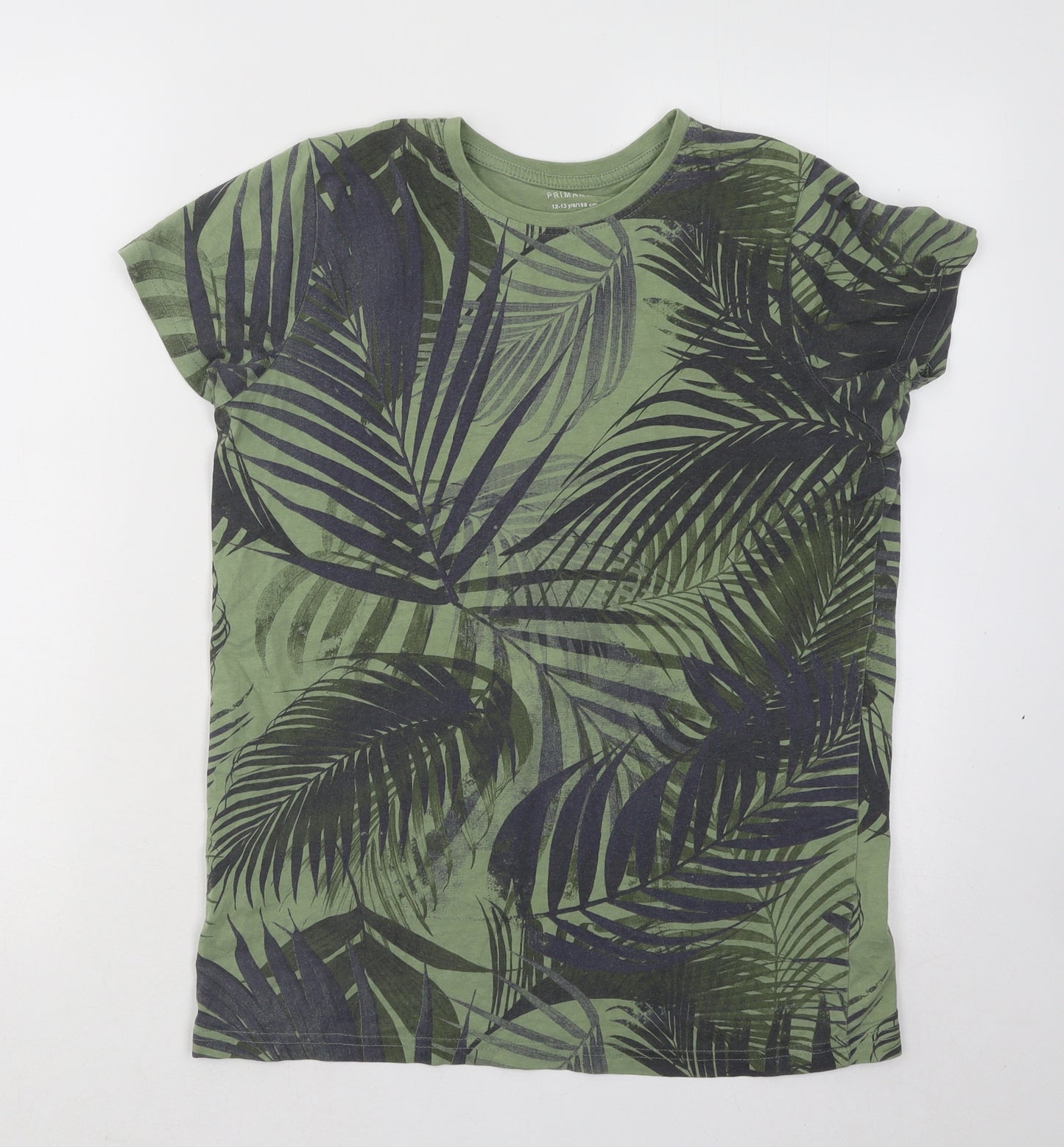 Primark Boys Green Floral Cotton Basic T-Shirt Size 12-13 Years Round Neck Pullover - Leaf Print