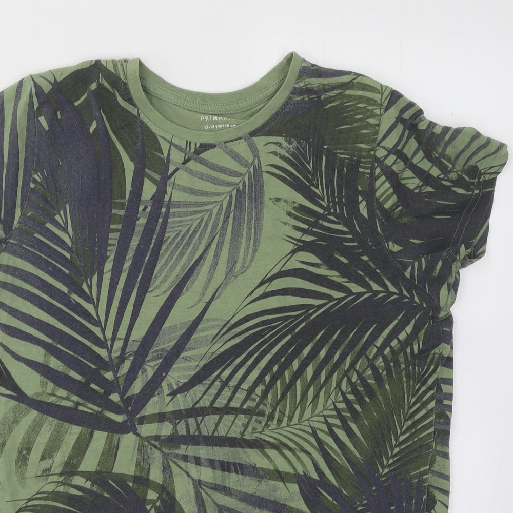 Primark Boys Green Floral Cotton Basic T-Shirt Size 12-13 Years Round Neck Pullover - Leaf Print