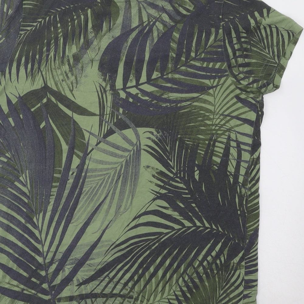 Primark Boys Green Floral Cotton Basic T-Shirt Size 12-13 Years Round Neck Pullover - Leaf Print