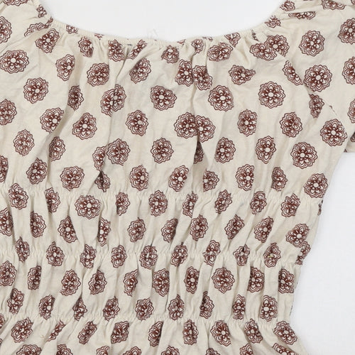 FOREVER 21 Womens Beige Geometric Cotton Basic T-Shirt Size S Off the Shoulder