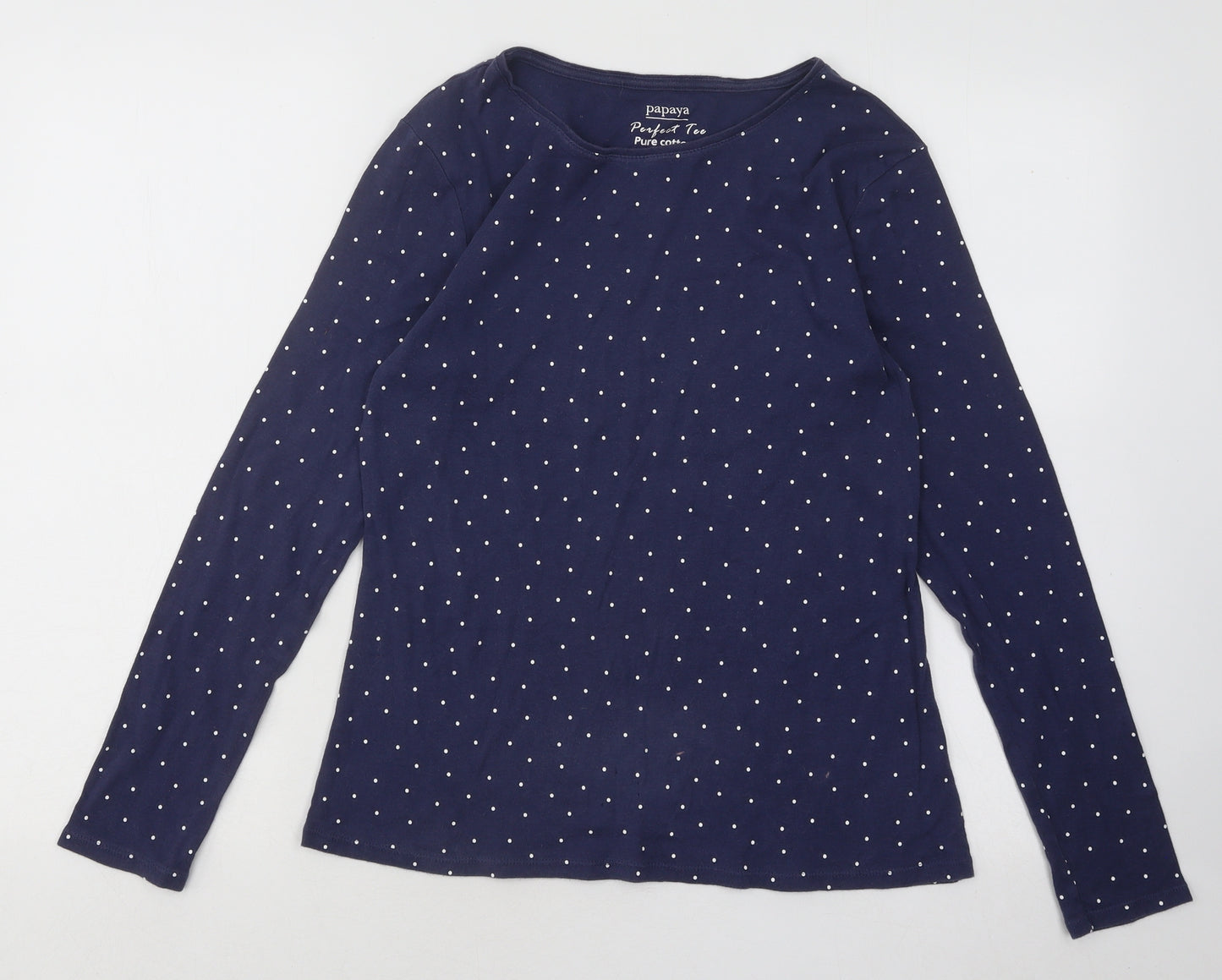 Papaya Womens Blue Polka Dot Cotton Basic T-Shirt Size 14 Round Neck