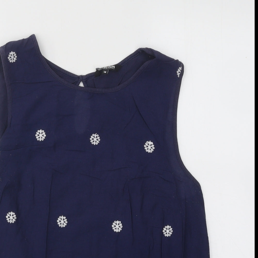 Debenhams Womens Blue Geometric Cotton Basic Tank Size 14 Round Neck