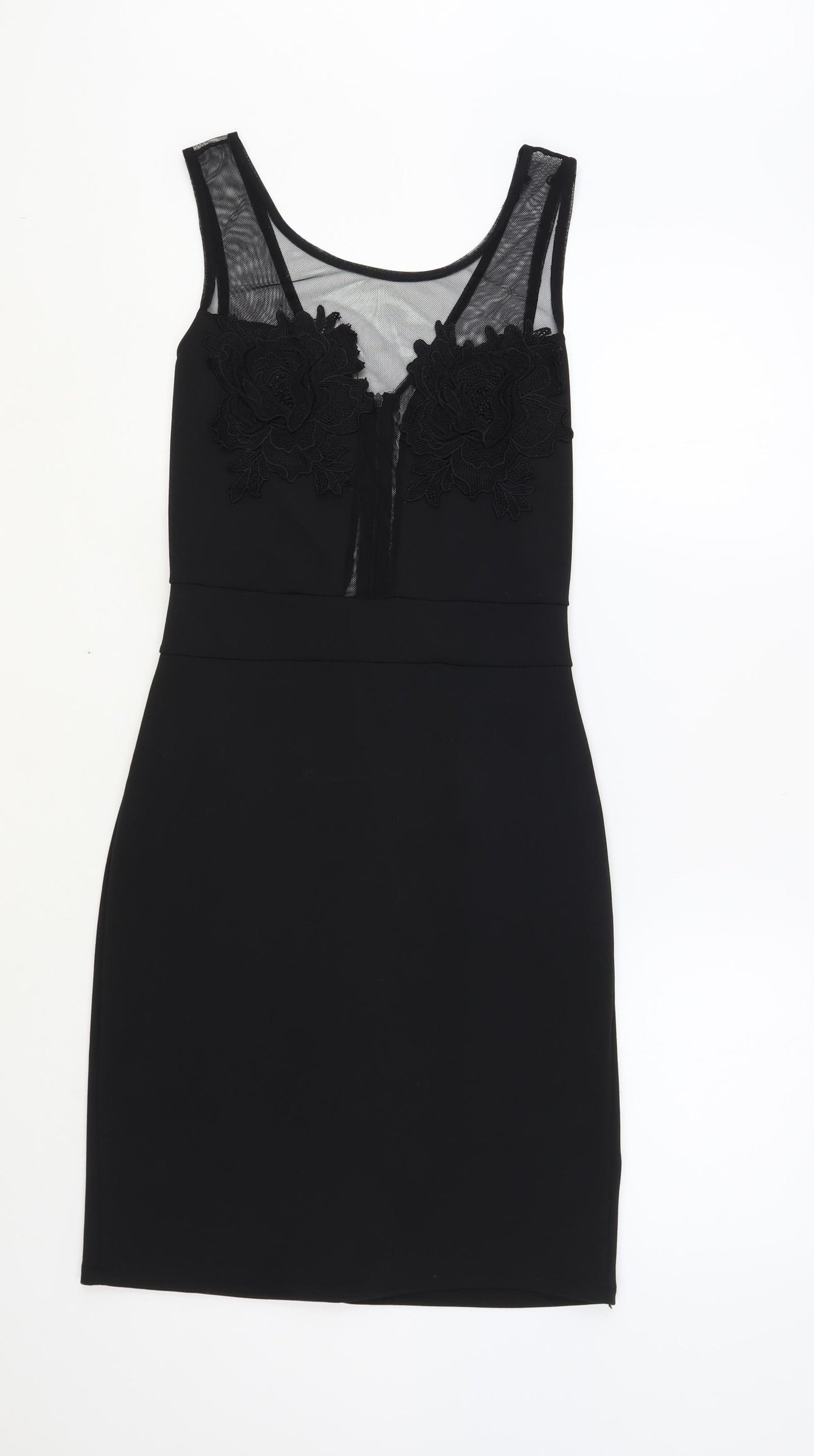 New Look Womens Black Polyester Pencil Dress Size M Round Neck Zip - Lace Detail