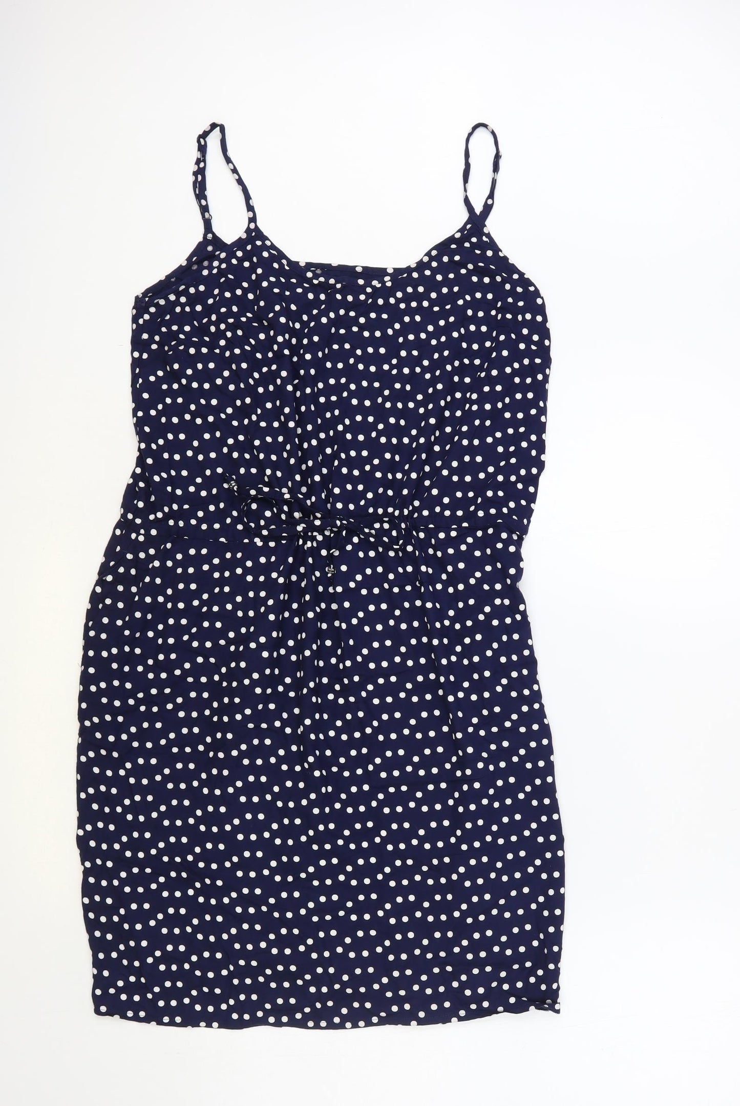 F&F Womens Blue Polka Dot Viscose Tank Dress Size 14 Round Neck Tie