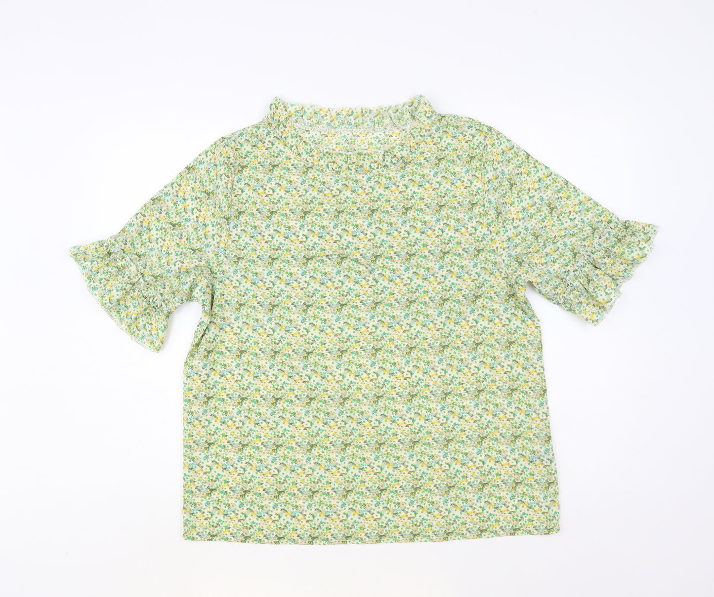SheIn Womens Green Floral Polyester Basic Blouse Size L Mock Neck