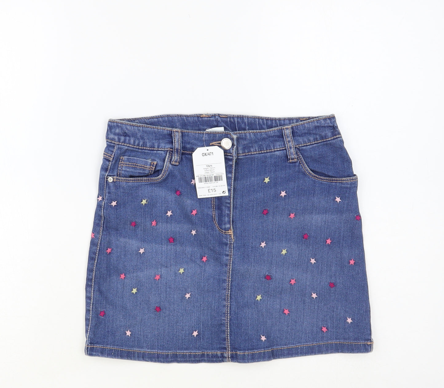 NEXT Girls Blue Geometric Cotton Mini Skirt Size 12 Years Regular Button - Star Pattern