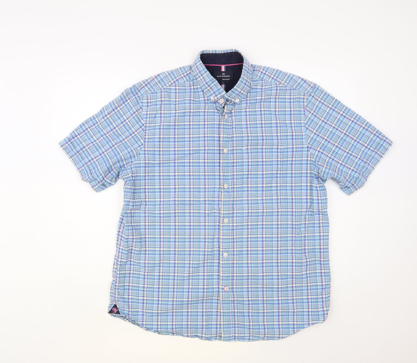 Blue Harbour Mens Blue Plaid Cotton Button-Up Size L Collared Button